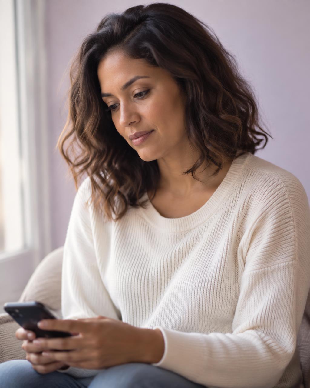 Mulher sentada perto da janela, olhando o celular em um momento tranquilo