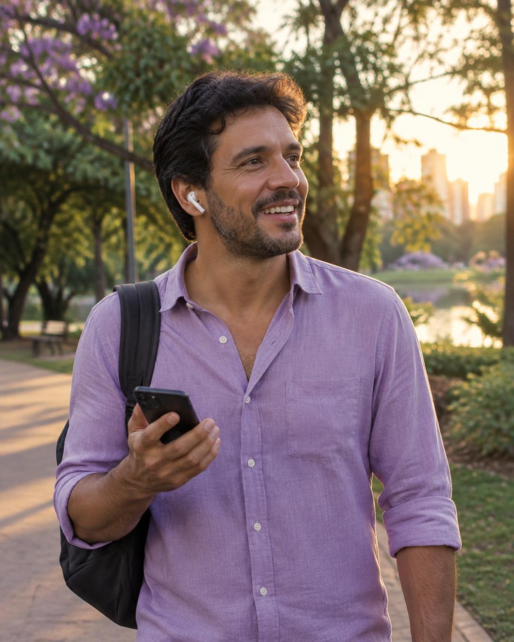 Homem caminhando no parque conversando com fones de ouvido